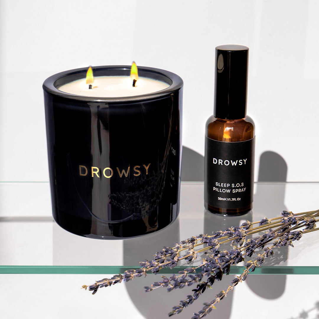 Drowsy Sleep Candle Blue Glass Lavender Shelf