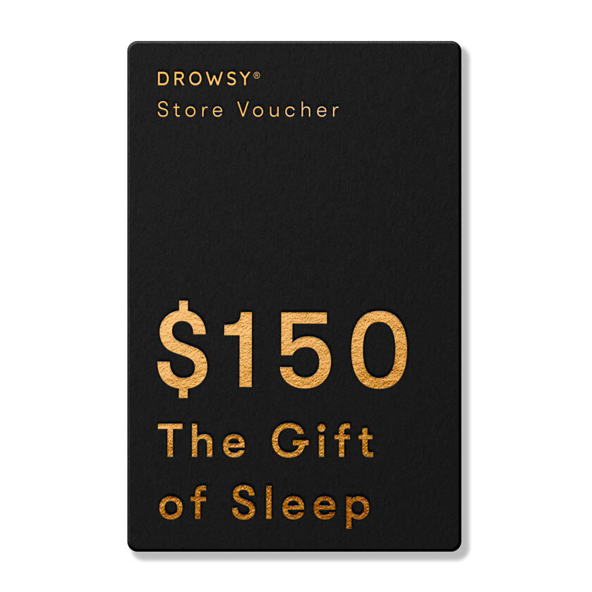 A sleek black Drowsy Sleep Co. Gift Card from us.drowsysleepco with gold text—$150 value and “The Gift of Sleep”—perfect for shopping at our online store.