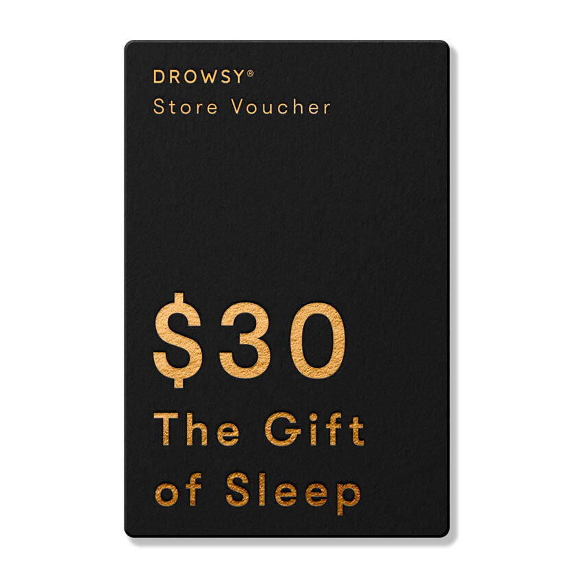 A black Drowsy Sleep Co. Gift Card ($30) from us.drowsysleepco with gold text—an ideal online store gift for anyone seeking the ultimate sleep experience.