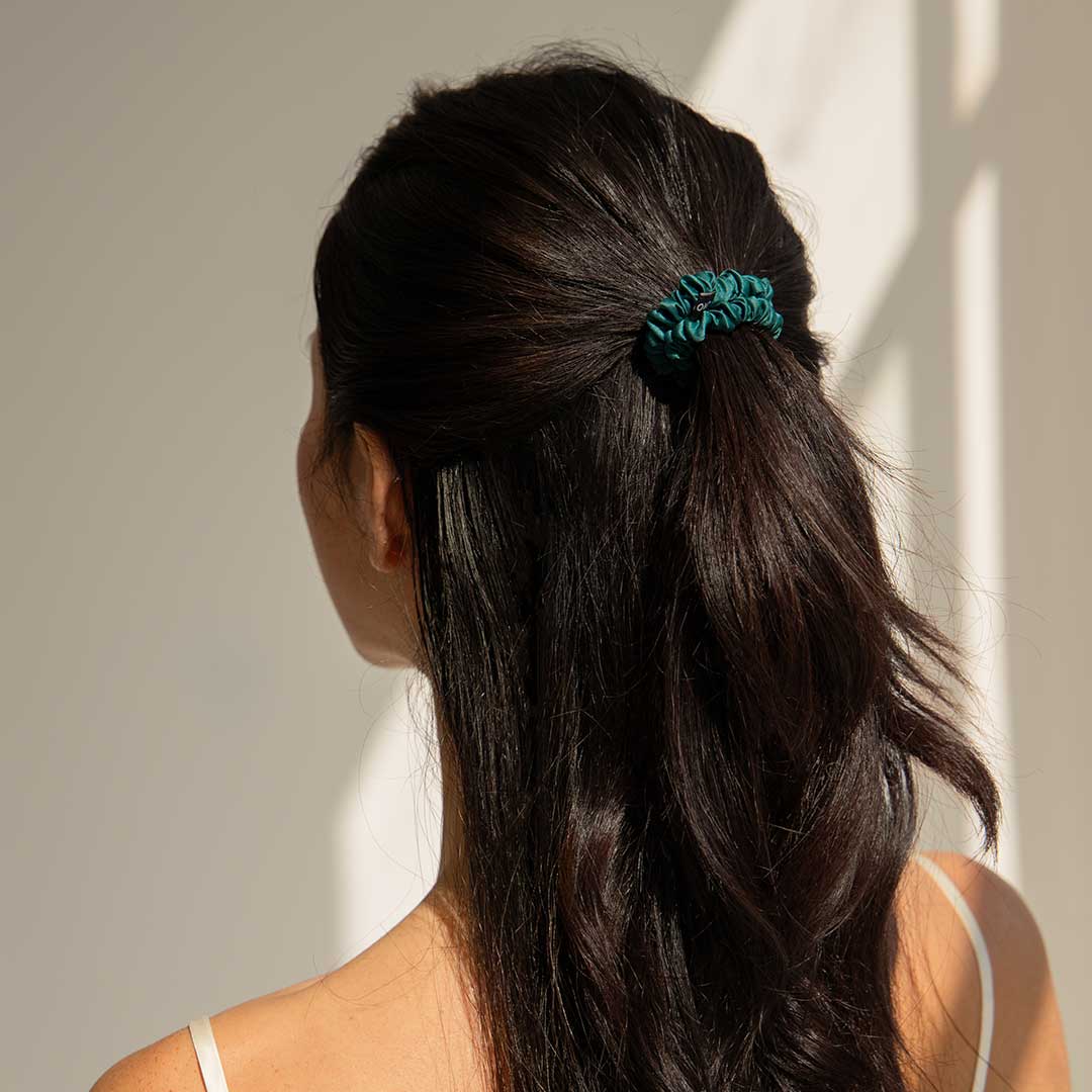 A woman with long, dark hair styled in a half-up ponytail secured with a green scrunchie, seen from behind in soft, natural light.