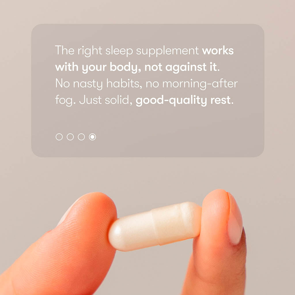 A hand holds a white capsule pill in front of text: drowsysleepco’s Supplements - Sleep works with your body for deep relaxation, no bad habits or morning fog—just restful sleep and a refreshed wake-up.