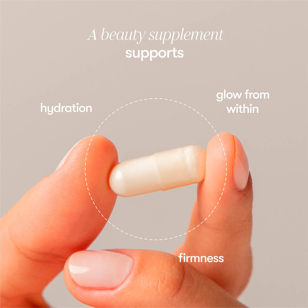 A hand holds a drowsysleepco Supplements - Beauty capsule, surrounded by the words “hydration,” “glow from within,” and “firmness.” Above, the heading says: Supports collagen synthesis for a youthful complexion.