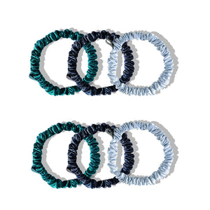 Drowsy sleep co 6 skinny bracelet scrunchies in midnight blue, blue belle and green sapphire colours on white background