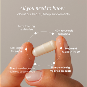 A hand holds a white capsule. Text highlights features of us.drowsysleepco Supplements - Beauty Sleep Clinic: nutritionist-formulated, lab-tested for purity, plant-based capsule, recyclable packaging, non-GMO, and made in the UK.