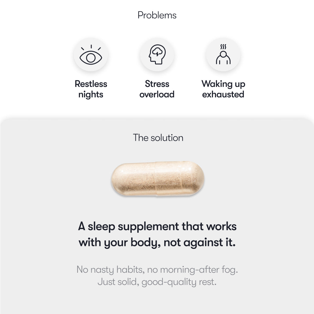 Image displays three icons: “Restless nights,” “Stress overload,” and “Waking up exhausted” above a capsule. Text below: “drowsysleepco Supplements - Sleep supports relaxation for a refreshed wake-up.”.