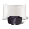 The drowsysleepco Perfect Skin Bundle Grey Moonlight Shadow, featuring a luxurious white silk pillowcase and grey silk sleep mask, is elegantly displayed on a white background—ideal for restful nights and glowing skin.