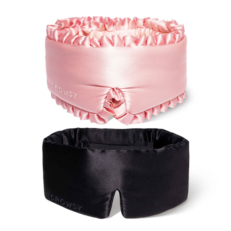 Experience luxurious comfort with the drowsysleepco 2-Pack Sleep Masks | Sleep and the City Powder Pink + Black Jade—choose between a ruffled pink or sleek black design for your perfect night's rest.