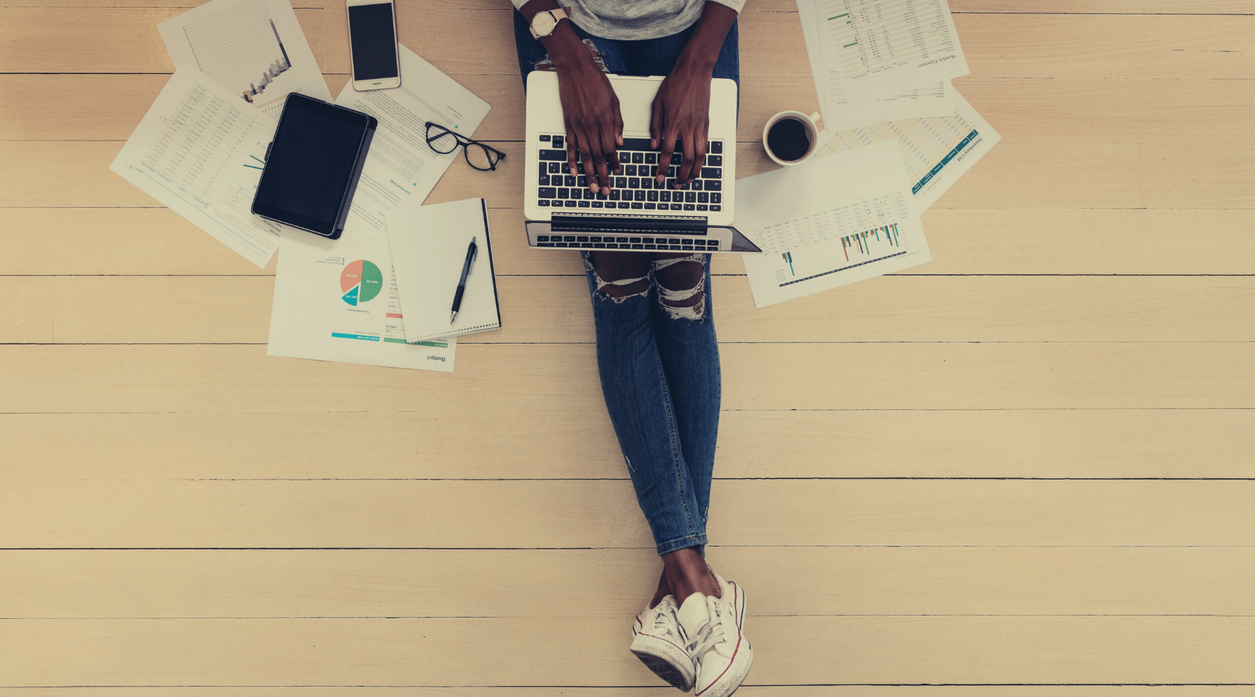 working from home, sitting on the floor