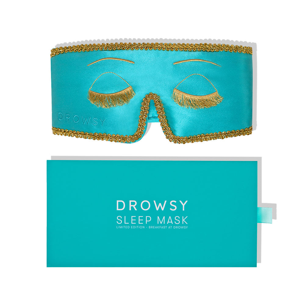 Breakfast at Drowsy Silk Eye Mask for better sleep box on white background