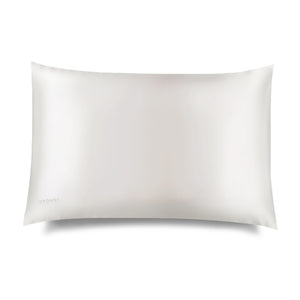 The Akoya Pearl Silk Pillowcase by us.drowsysleepco, renowned for its skincare and hair benefits, is displayed on a plain white background with soft shadows and the brand name printed in small text at the bottom left corner.