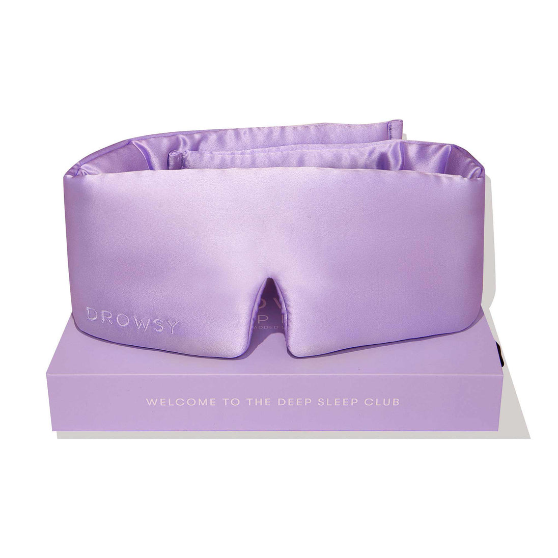 Lavender coloured Drowsy silk sleep mask on a white background