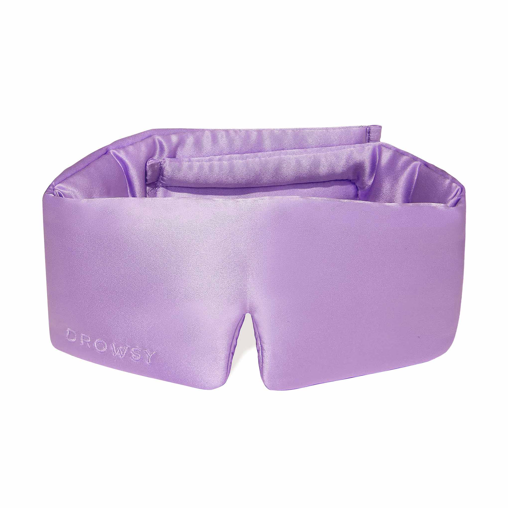 Lavender coloured silk sleep mask on white background