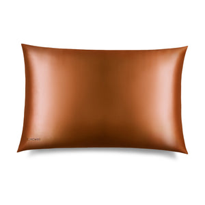 The us.drowsysleepco Pumpkin Spice Silk Pillowcase, a rectangular smooth brown case with a subtle sheen, is shown against a white background. "DROWSY" is printed at one corner, making it a hair-protecting and skincare essential.