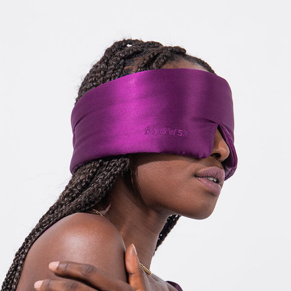 Model wearing Drowsy Purple Martini Silk Sleep Mask