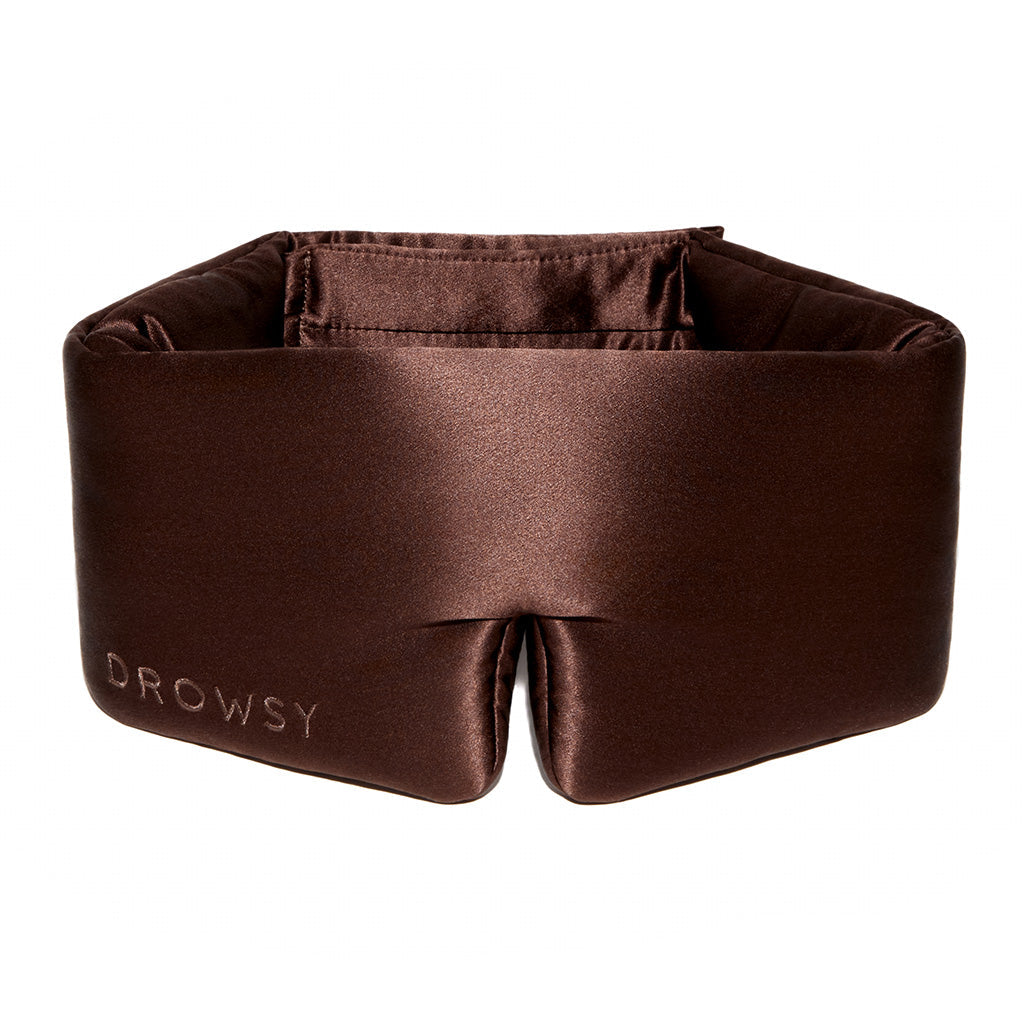 The Cocoa Glow by drowsysleepco is a brown, padded silk sleep mask embroidered with 