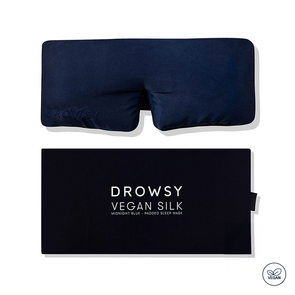 A navy blue drowsysleepco Midnight Blue - Vegan Silk Sleep Mask with 