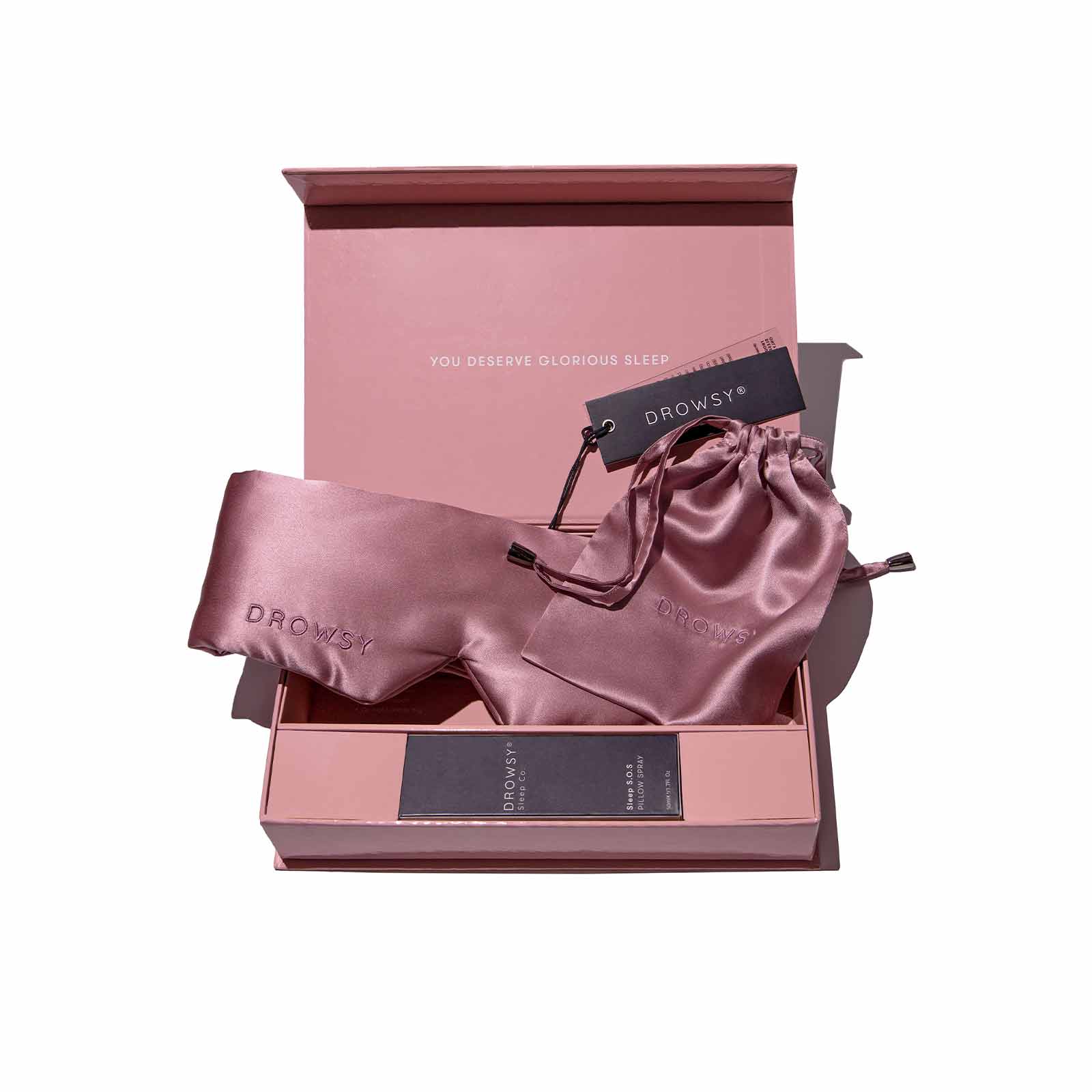 Drowsy Sleep Co. Damask Rose Pink Box Open displaying silk mask and pillow spray inside placed on white background