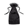 The Paris Love Story Silk Carry Pouch by drowsysleepco is a black satin mulberry silk bag with lace trim, a front pocket, and "DROWSY" embroidery—ideal for storing your silk sleep mask. Shown against a white background.