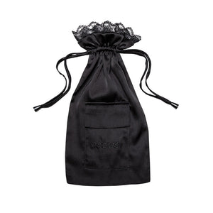 The Paris Love Story Silk Carry Pouch by drowsysleepco is a black satin mulberry silk bag with lace trim, a front pocket, and "DROWSY" embroidery—ideal for storing your silk sleep mask. Shown against a white background.