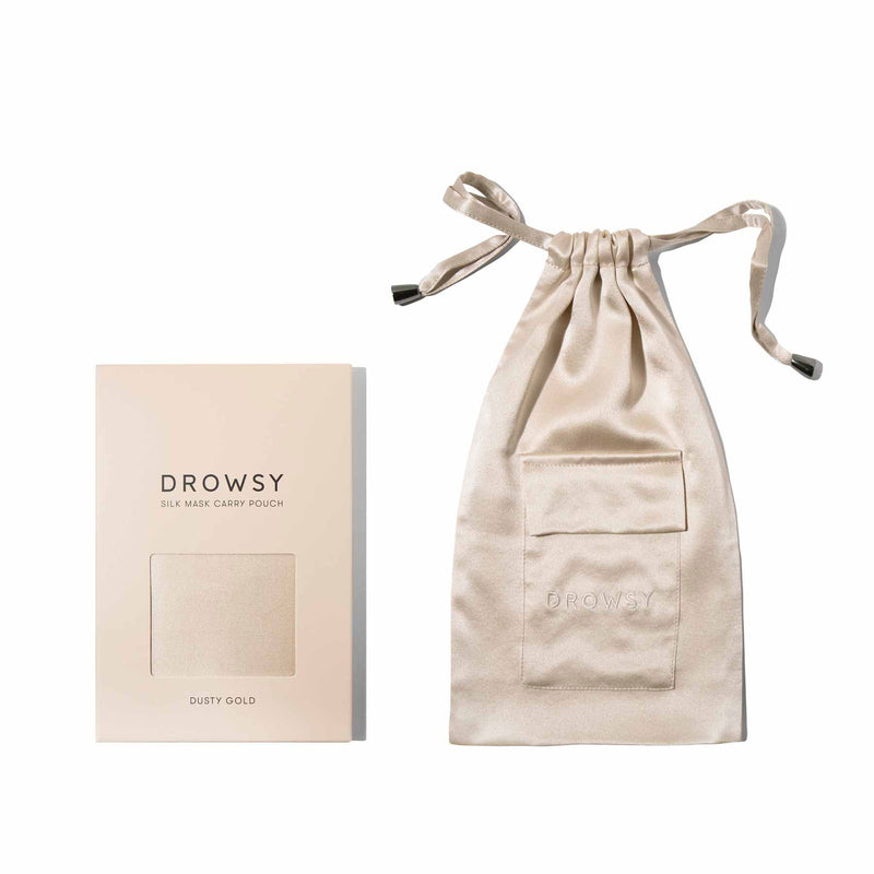 Drowsy Sleep Co. Dusty Gold silk carry pouch for silk eye mask to sleep better