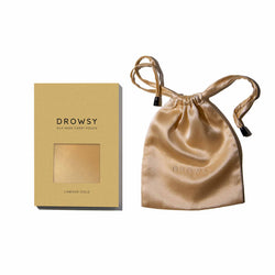 Drowsy Sleep Co. L'Amour Gold Silk Carry pouch with white box on white background