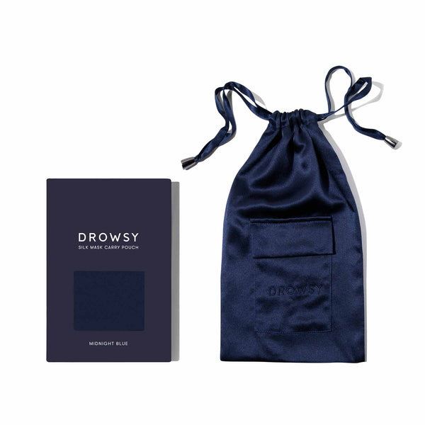 Drowsy Sleep Co. blue silk carry pouch for silk eye mask to sleep better