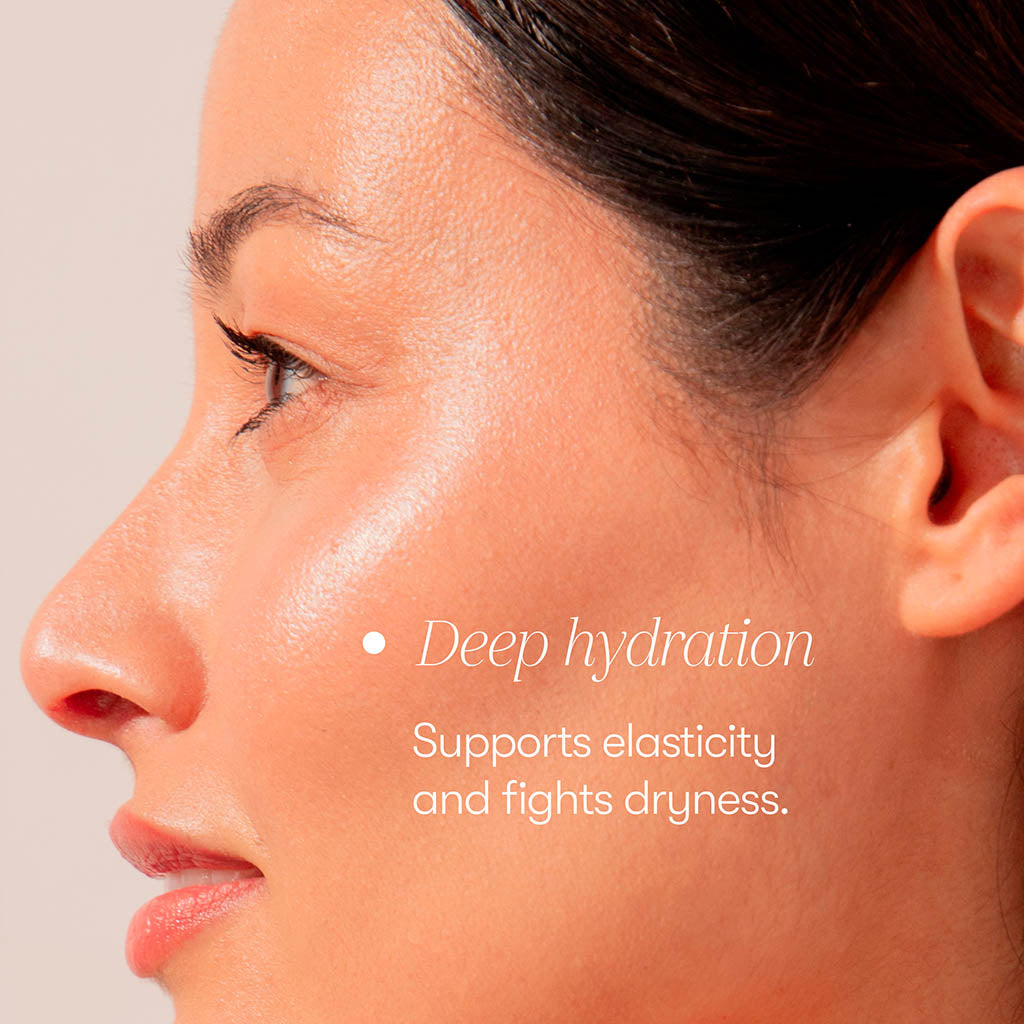 Close-up side profile of a woman with glowing skin. Text: drowsysleepco Supplements - Beauty deeply hydrate, support elasticity, fight dryness, and boost collagen for a youthful complexion.