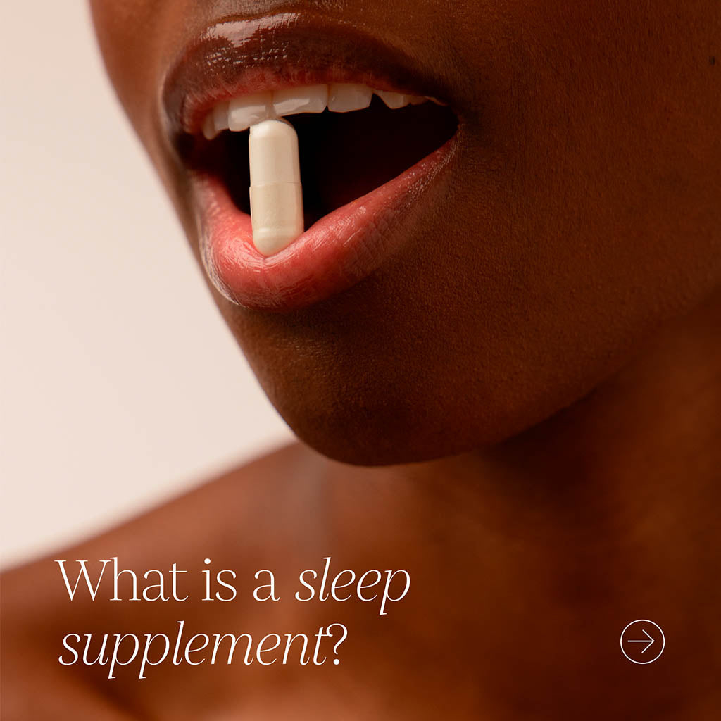 A close-up of a person’s mouth holding a white capsule between their lips. The text reads: What is Supplements - Sleep by drowsysleepco? on a soft, light background, highlighting the promise to help you wake up refreshed.