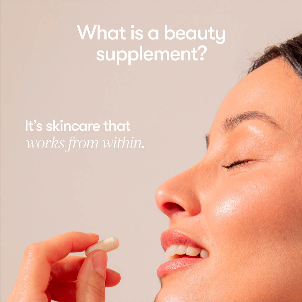 A woman with glowing skin holds a drowsysleepco Supplements - Beauty capsule by her face, eyes closed and smiling. Text reads: What is a skin supplement? It’s skincare that promotes collagen for youthful, radiant skin from within.