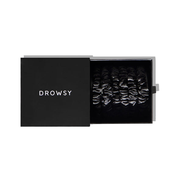 Drowsy sleep co 6 silk scrunchies in black jade colour in presentation box