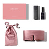 The Damask Rose - Deep Sleep Collection by us.drowsysleepco includes a pink silk sleep mask with pouch, deep sleep pillow spray in a black bottle with box, all packaged in a pink Drowsy Deep Sleep Collection box.