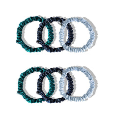 Drowsy sleep co 6 skinny bracelet scrunchies in midnight blue, blue belle and green sapphire colours on white background