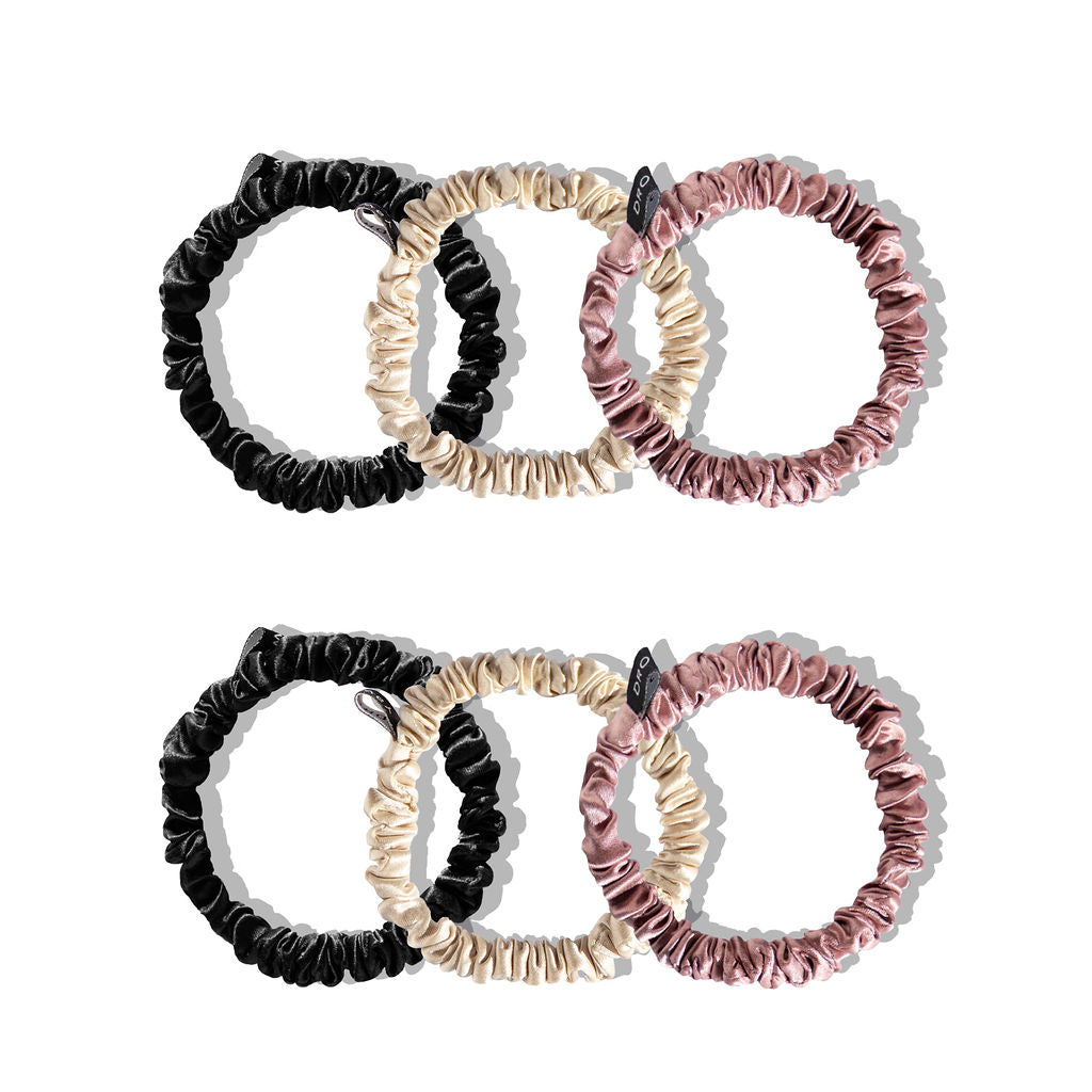 Drowsy sleep co 6 skinny bracelet scrunchies in Black Jade, Damask Rose and dusty gold colours on white background