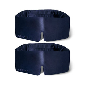 Two drowsysleepco 2-Pack Sleep Masks in Midnight Blue with "DROWSY" embroidered on the bottom left, shown on a white background.