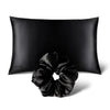 The Perfect hair bundle Black Jade by drowsysleepco features a black silk pillowcase paired with a matching silk scrunchie, both elegantly displayed against a crisp white background.