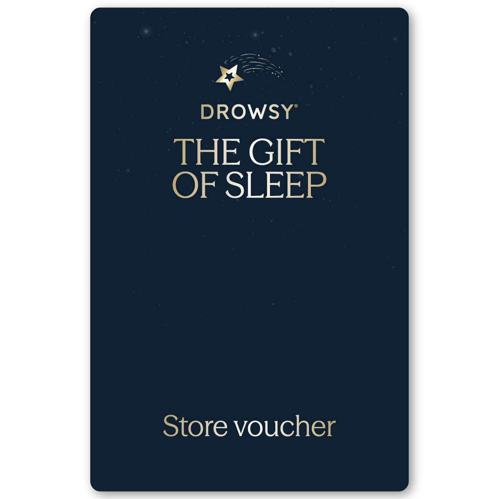 The Drowsy Sleep Co. Gift Card from us.drowsysleepco is dark blue with a star and moon logo, the brand name, and gold text reading "The Gift of Sleep" and "Store Voucher.