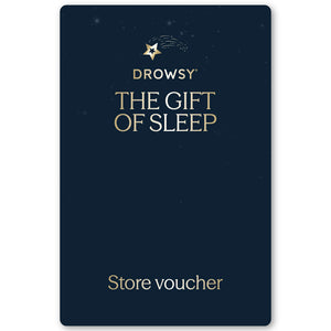 The Drowsy Sleep Co. Gift Card from us.drowsysleepco is dark blue with a star and moon logo, the brand name, and gold text reading "The Gift of Sleep" and "Store Voucher.