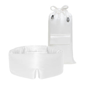 The drowsysleepco Akoya Pearl Sleep Mask is shown in front of its matching white silk drawstring pouch, both set against a simple background.