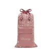 Dusty pink mulberry silk Pride & Prejudice - English Rose Carry Pouch with a white floral pattern and a front pocket embroidered with the word Drowsy.