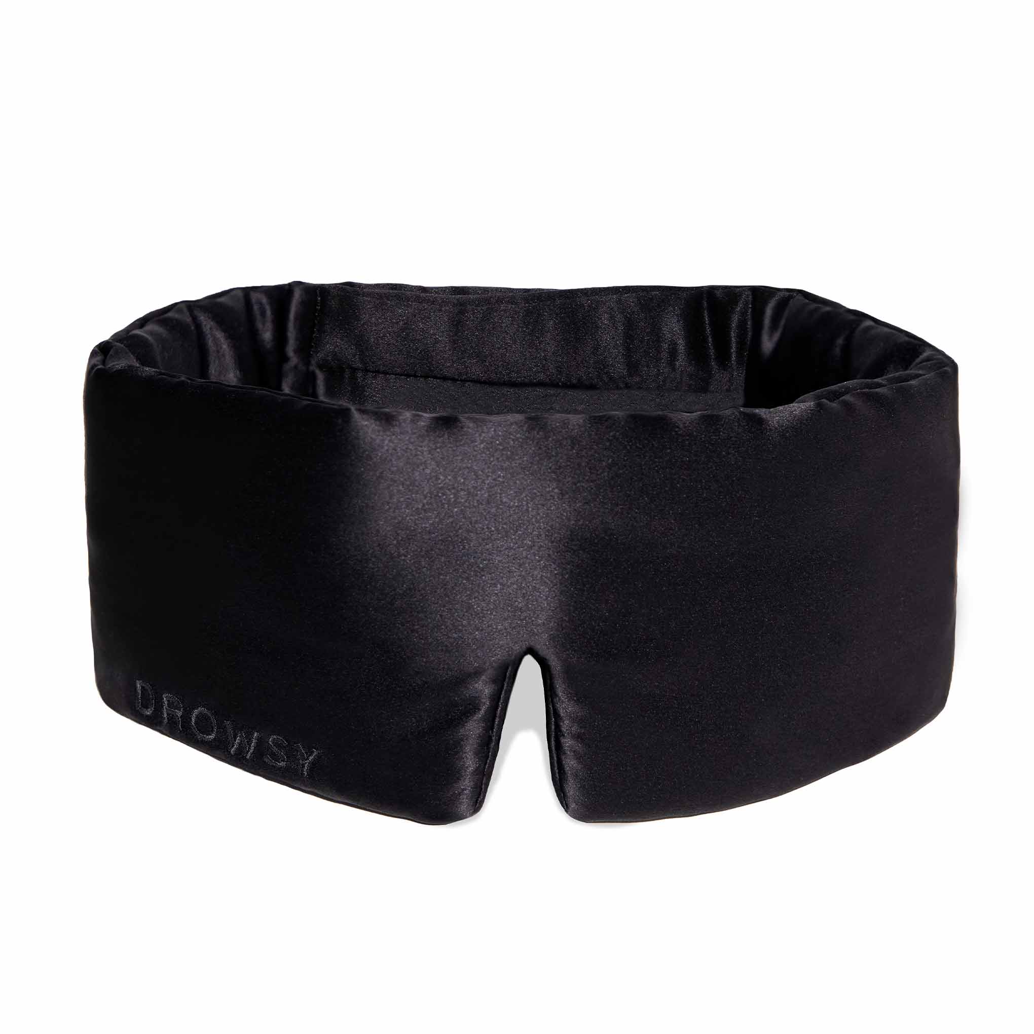 Photo of Luxury Black Drowsy Silk Sleep Mask on White Background