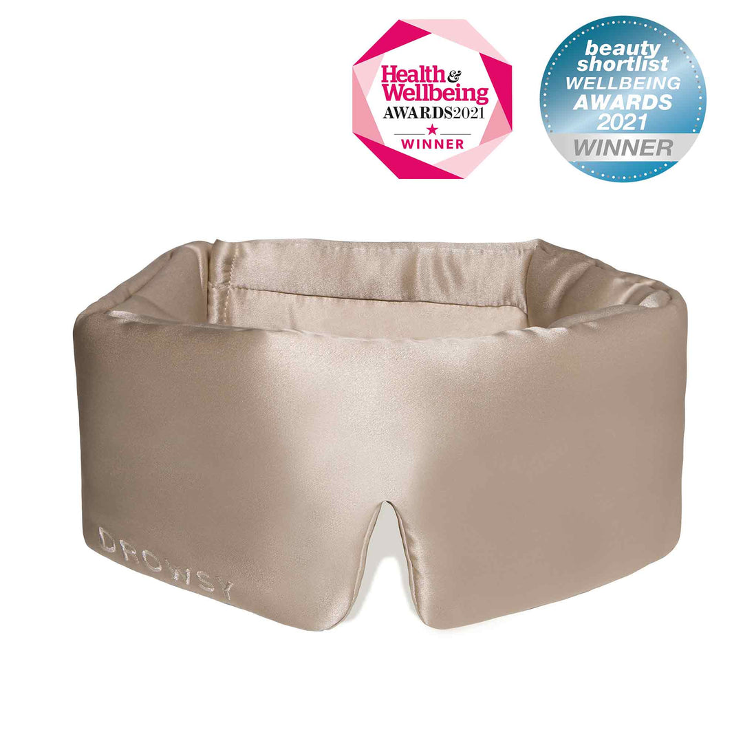Photo of Luxury Dusty Gold Drowsy Silk Sleep Mask on White Background