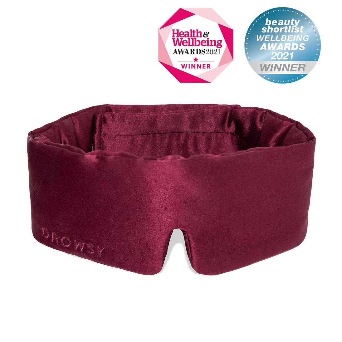 Drowsy Sleep Co Grey Silk Sleep mask on white background with beauty awards